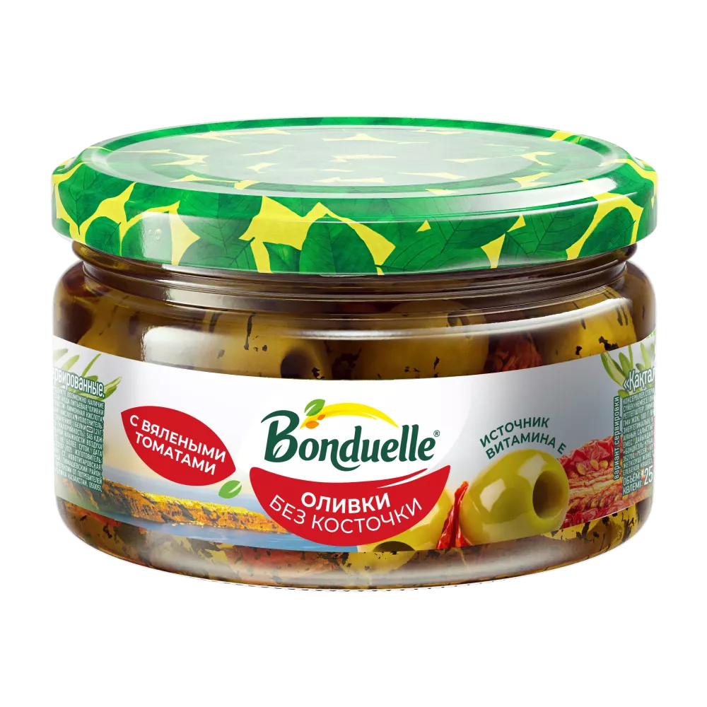 Bonduelle сүйексіз зәйтүндері, қақталған қызанақтар қосылған, 200 g