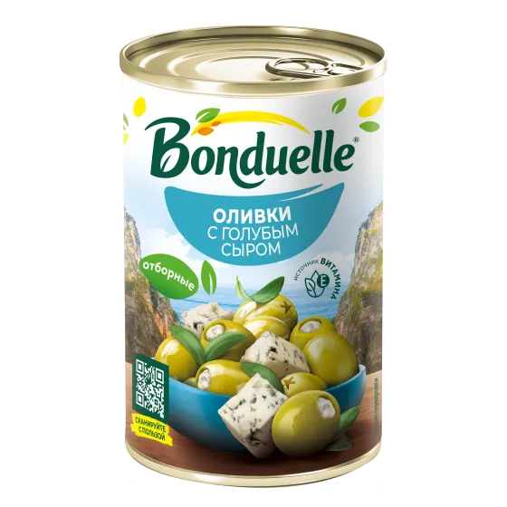 Көгілдір ірімшік қосылған Bonduelle сүйексіз көк зәйтүндері, 300 г