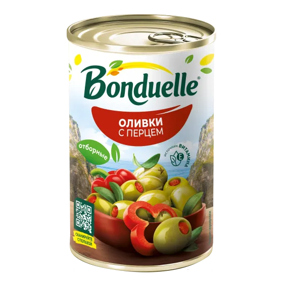 Тәтті бұрыш қосылған Bonduelle сүйексіз көк зәйтүндері, 300 г
