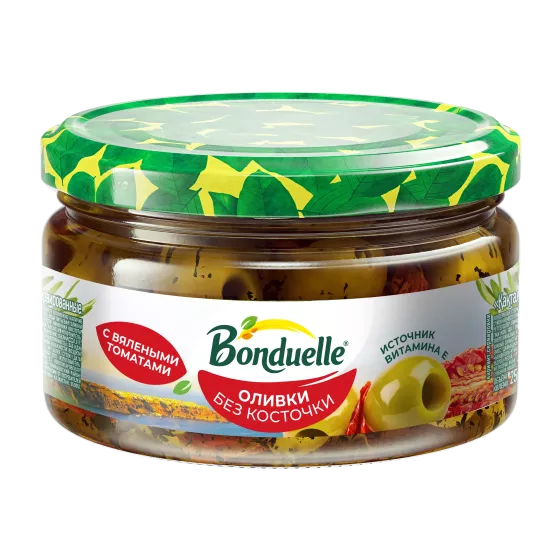 Bonduelle сүйексіз зәйтүндері, қақталған қызанақтар қосылған, 200 g